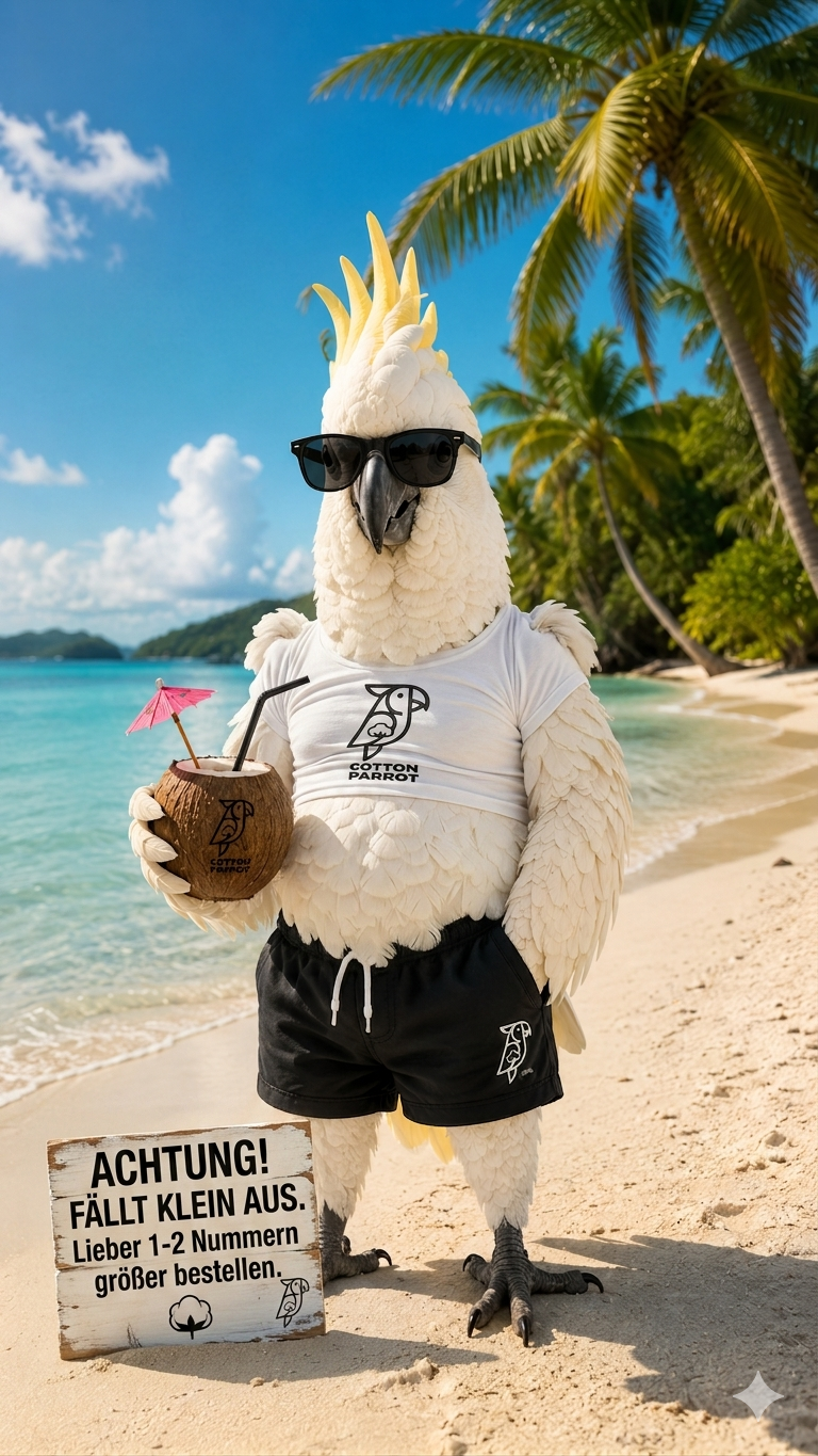 Cotton Parrot Maskottchen am Strand mit Kokosnuss